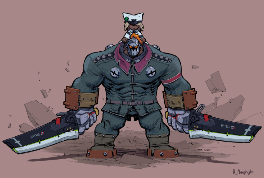 1boy, 1girl, absurdres, carrying, dark-skinned_female, dark-skinned_male, dark_skin, english_commentary, glowing, glowing_eyes, green_jacket, green_pants, guilty_gear, guilty_gear_strive, hat, helmet, highres, holding, holding_sword, holding_weapon, jacket, muscular, muscular_male, pants, piggyback, potemkin_(guilty_gear), ramlethal_valentine, roving_neophyte, size_difference, standing, sword, weapon, white_hat