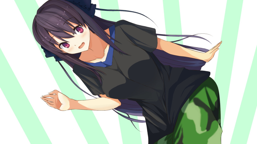 1girl, :d, ao_no_kanata_no_four_rhythm, arm_at_side, black_hair, black_shirt, blue_ribbon, blush