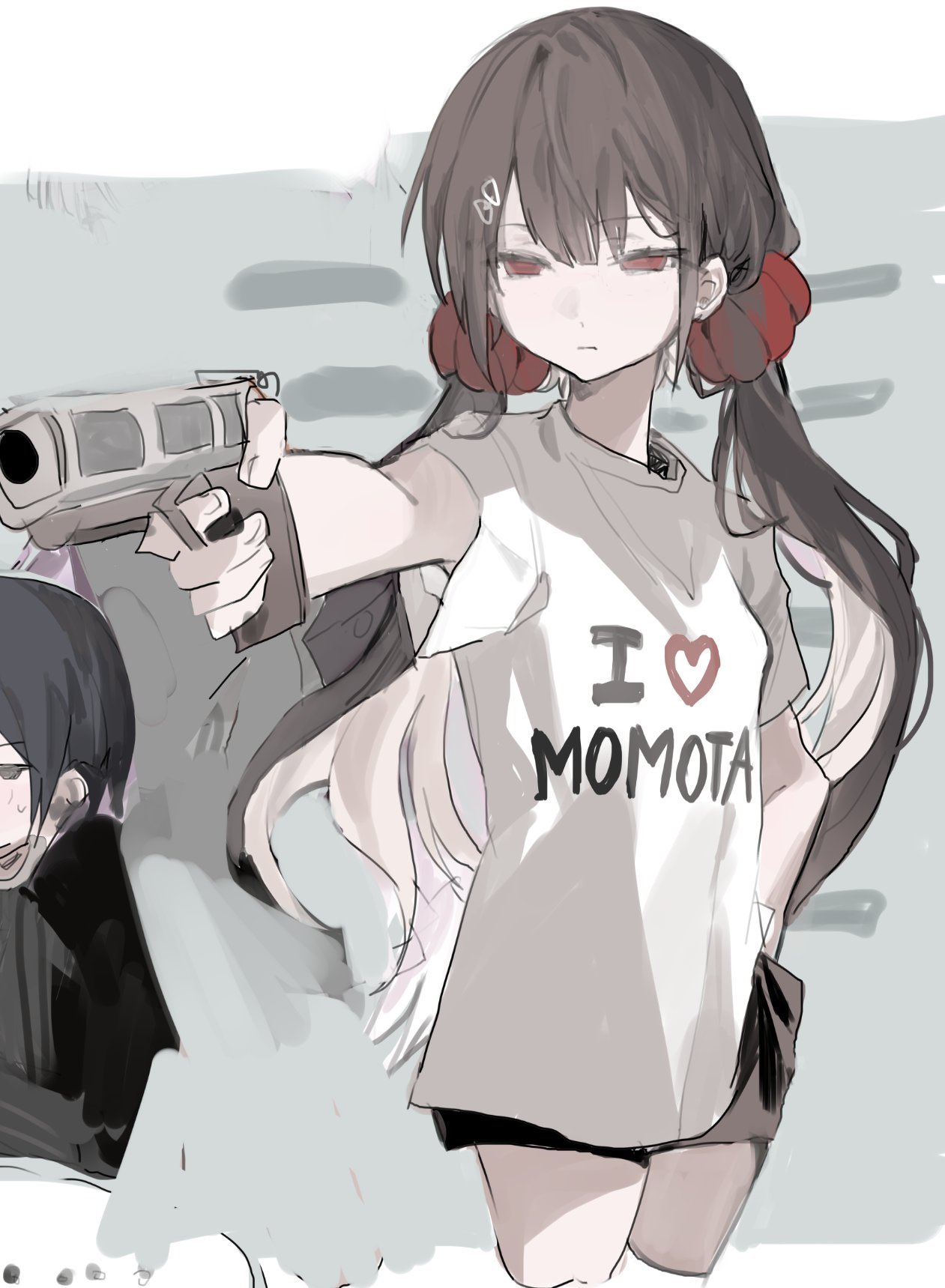 1boy, 1girl, 2024_summer_olympics, black_shorts, closed_mouth, clothes_writing, danganronpa_(series), danganronpa_v3:_killing_harmony, english_text, gun, hair_ornament, hair_scrunchie, hairclip, handgun, harukawa_maki, heart, heart_print, highres, holding, holding_gun, holding_weapon, ko1_(dkeow11), low_twintails, olympics, red_eyes, red_scrunchie, saihara_shuichi, scrunchie, shirt, short_sleeves, shorts, solo_focus, twintails, weapon, white_shirt