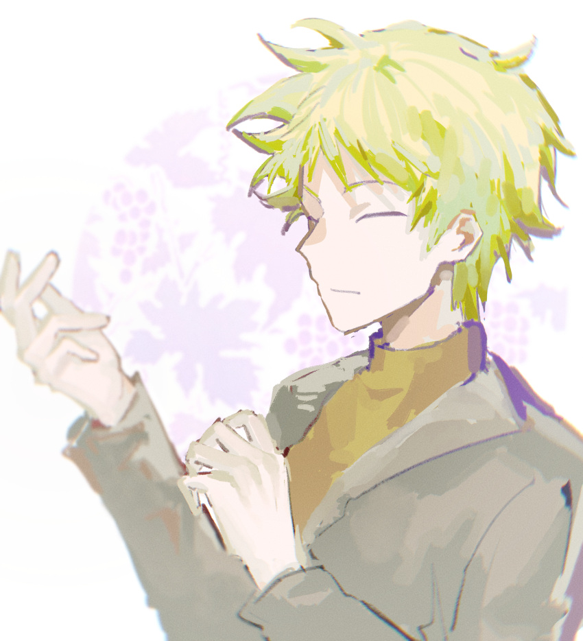 1boy, atou_haruki, blonde_hair, closed_eyes, closed_mouth, commentary, film_grain, grey_jacket, hands_up, highres, jacket, kfccrazythursday, long_sleeves, male_focus, open_clothes, open_jacket, saibou_shinkyoku, short_hair, solo, sweater, symbol-only_commentary, turtleneck, turtleneck_sweater, yellow_sweater