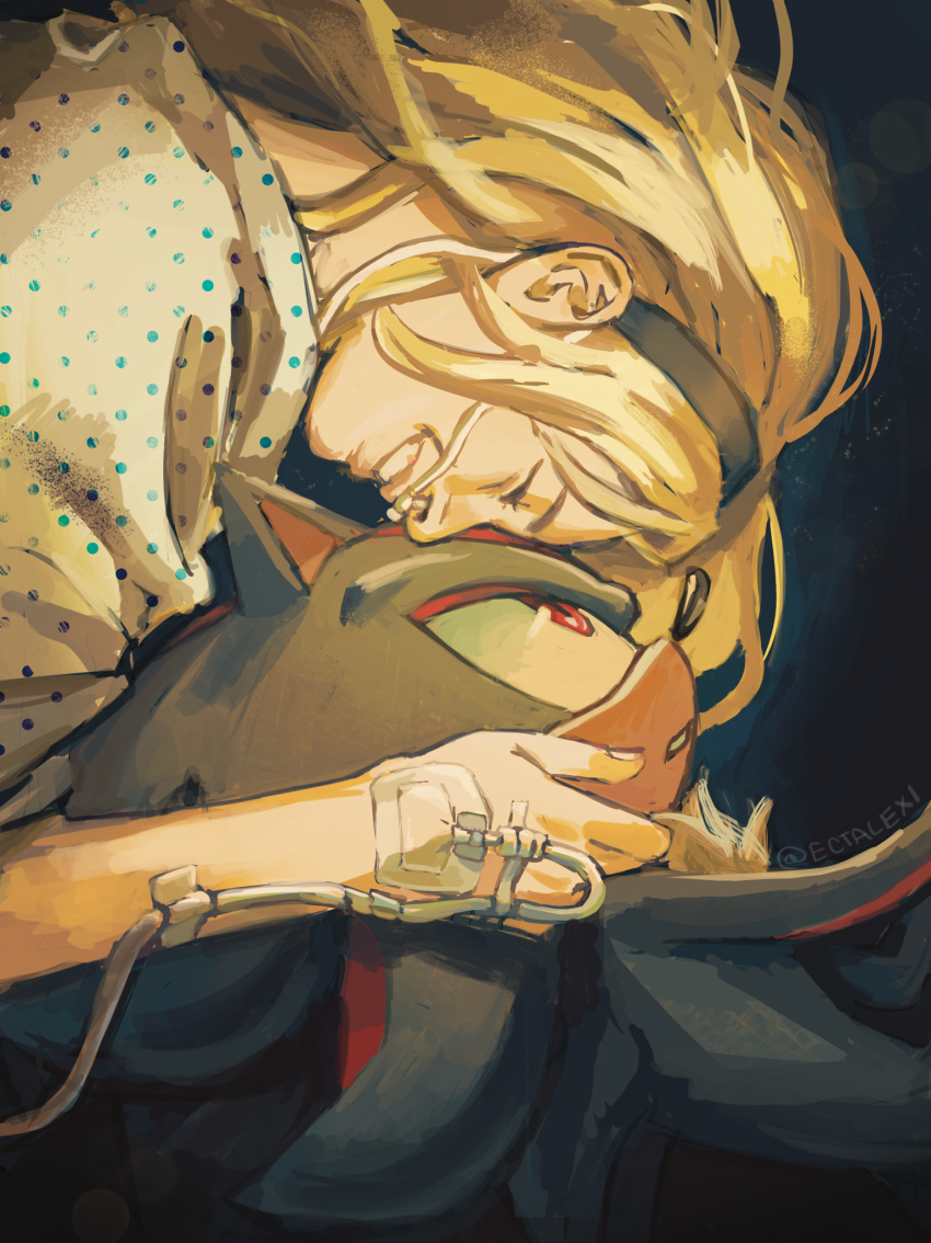 1boy, 1girl, animal_ears, animal_nose, blonde_hair, blue_hairband, closed_eyes, commentary, ectalexi, english_commentary, furry, furry_male, hairband, hand_on_another's_face, highres, hospital_gown, long_hair, looking_at_another, maria_robotnik, red_eyes, shadow_the_hedgehog, smile, sonic_(series), upper_body
