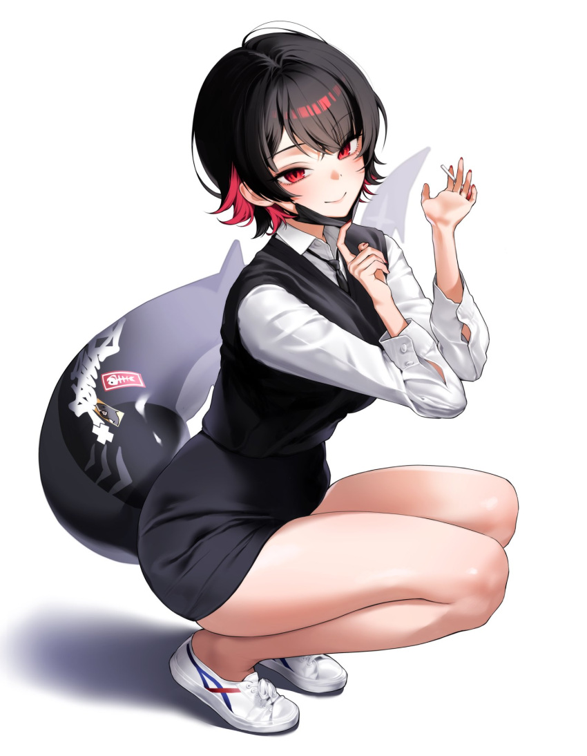 1girl, alternate_costume, black_vest, chano39, collared_shirt, colored_inner_hair, ellen_joe, fins