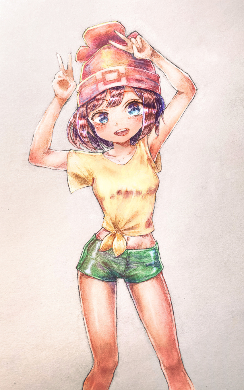1girl, :d, absurdres, arms_up, beanie, black_hair, blue_eyes, collarbone