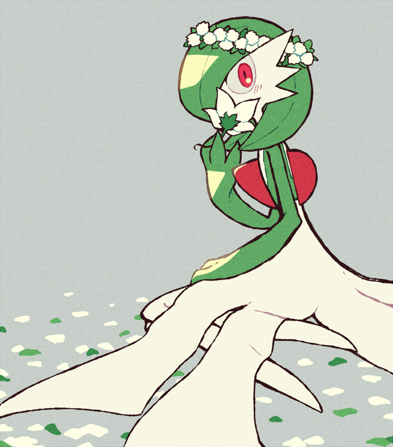 bob_cut, colored_skin, dress, flower, flower_over_mouth, flower_wreath, gardevoir, green_hair