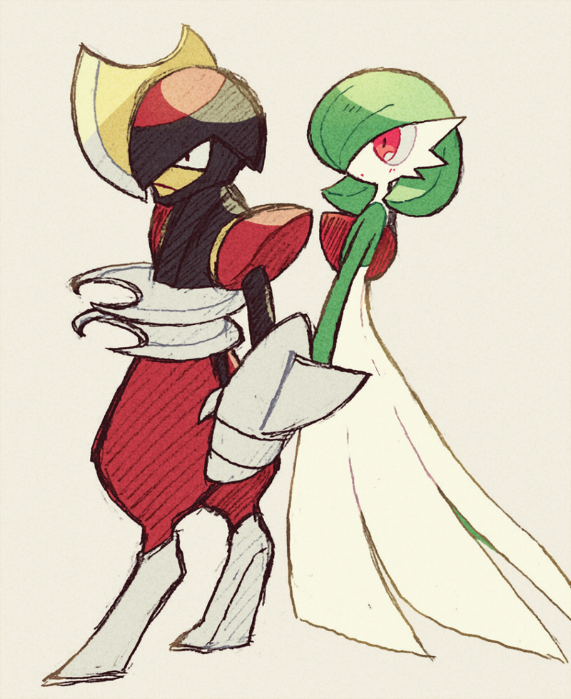 arm_blade, armor, bisharp, black_eyes, bob_cut, colored_skin, dress, gardevoir