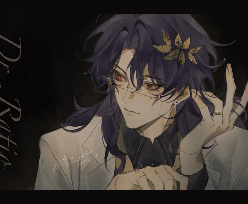1boy, black_border, black_shirt, border, collared_shirt, dark_background, dr._ratio_(honkai:_star_rail), ear_piercing
