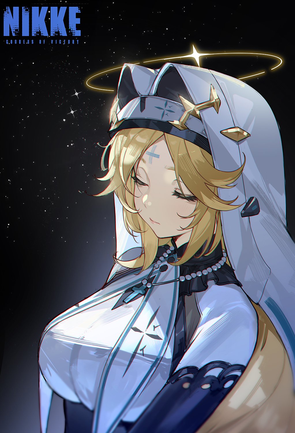 1girl, blonde_hair, closed_eyes, closed_mouth, copyright_name, facial_mark, forehead_mark, goddess_of_victory:_nikke
