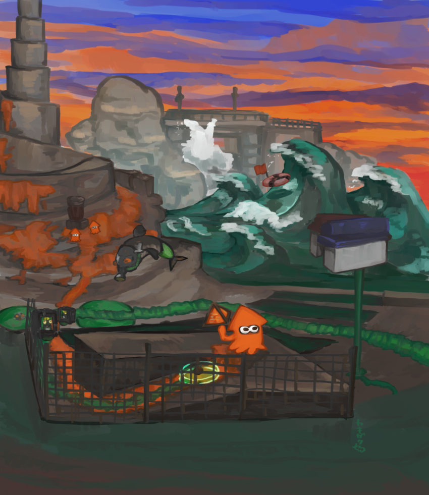 black_eyes, commentary_request, ebifurai_kakigwa, fence, fish, flag, flipper-flopper_(splatoon), flyfish_(splatoon)