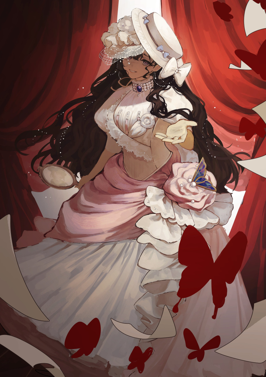 1girl, absurdres, albadove, black_hair, bow, bug, butterfly, commentary