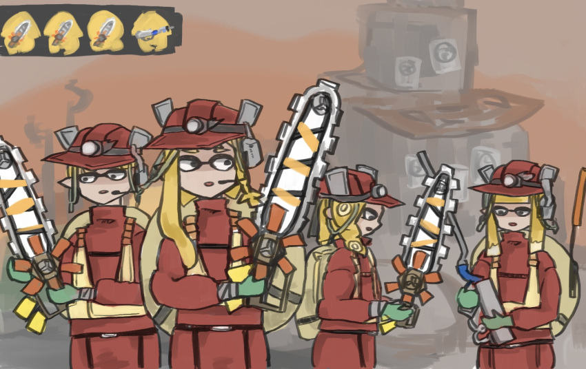 1boy, 3girls, blonde_hair, blue_eyes, blunt_bangs, commentary_request, e-liter_4k_(splatoon), earpiece, ebifurai_kakigwa, flat_chest, gloves, green_gloves, grizzco_splatana_(splatoon), half-closed_eyes, headlamp, helmet, high-visibility_vest, hime_cut, holding, holding_weapon, in-universe_location, inkling, inkling_boy, inkling_girl, inkling_player_character, jumpsuit, lifebuoy, long_hair, long_sleeves, looking_down, looking_to_the_side, multiple_girls, octoling, octoling_girl, octoling_player_character, odd_one_out, orange_sky, outdoors, pointy_ears, profile, red_helmet, red_jumpsuit, salmon_run_(splatoon), short_hair, sidelocks, sky, splatoon_(series), splatoon_3, suction_cups, swim_ring, tentacle_hair, tentacles, vest, weapon, yellow_vest