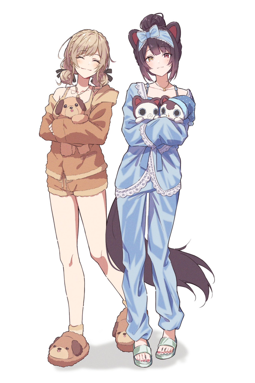 2girls, animal_ears, ban_(inui_toko), black_hair, blue_hairband, blue_nightgown, blue_pajamas, bow, braid, brown_pajamas, brown_sports_bra, closed_eyes, collarbone, crown_braid, dog_ears, dog_slippers, dog_tags, dog_tail, furen_e_lustario, furen_e_lustario_(5th_costume), hair_bow, hair_bun, hairband, heterochromia, highres, inui_toko, inui_toko_(6th_costume), jewelry, ken_(inui_toko), lace-trimmed_nightgown, lace_trim, light_brown_hair, looking_at_viewer, multiple_girls, necklace, nightgown, nijisanji, pajamas, pants, red_eyes, short_shorts, shorts, simple_background, slippers, smile, sports_bra, stuffed_animal, stuffed_dog, stuffed_toy, tail, talunilu_uu3, very_low_bun, white_background, yellow_eyes
