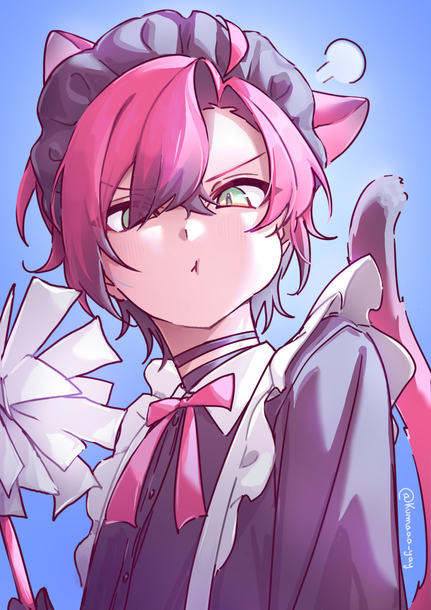 1boy, absurdres, ahoge, alternate_costume, animal_ears, apron, bishounen, black_hair, blue_background, cat_boy, cat_ears, cat_tail, choker, crossdressing, english_commentary, enmaided, frilled_apron, frills, green_eyes, hair_between_eyes, highres, holostars, holostars_english, kumaaa_yay, light_blush, looking_at_viewer, machina_x_flayon, maid, maid_headdress, male_focus, male_maid, multicolored_hair, pout, puffy_cheeks, redhead, short_hair, side_part, slit_pupils, solo, tail, twitter_username, upper_body, virtual_youtuber