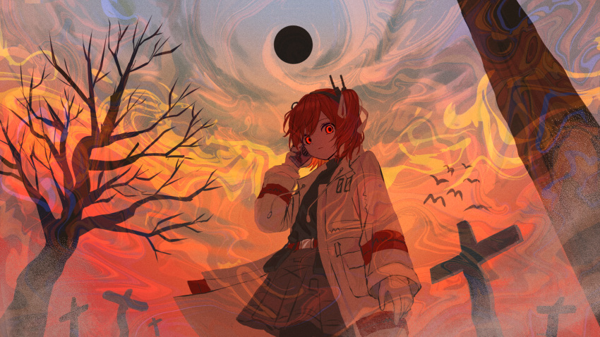 1girl, a.i._voice, adachi_rei, bare_tree, belt, belt_pouch, black_shirt, closed_mouth
