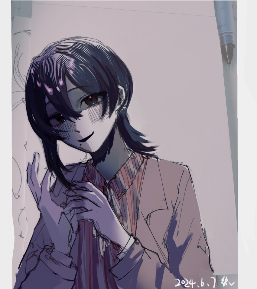 1boy, art_tools_in_frame, black_eyes, black_hair, chinese_commentary, collared_shirt, commentary_request, dated