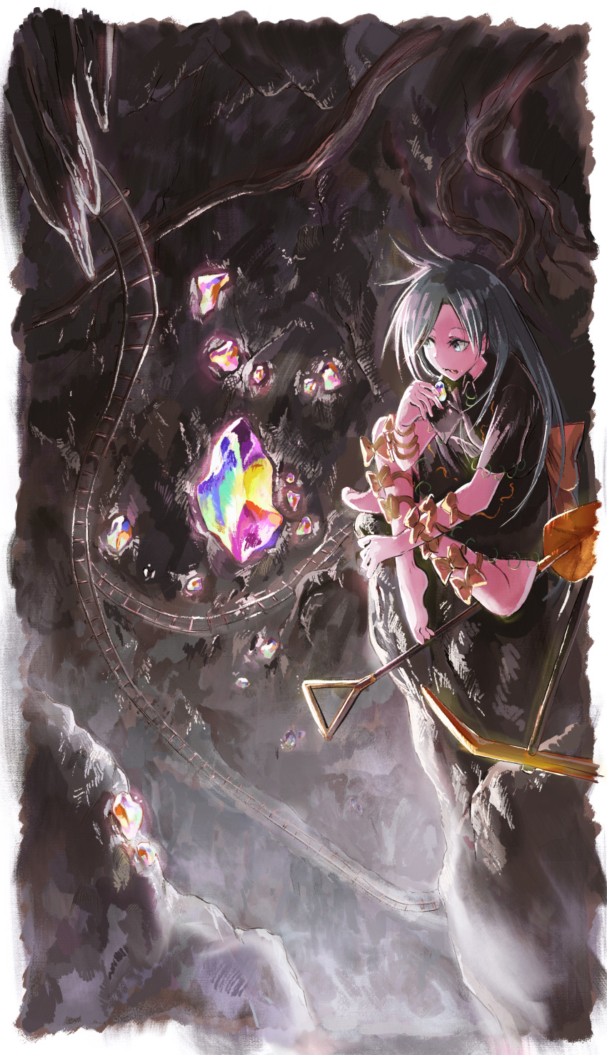 1girl, absurdres, arm_bow, barefoot, black_shirt, black_skirt, bow, cave
