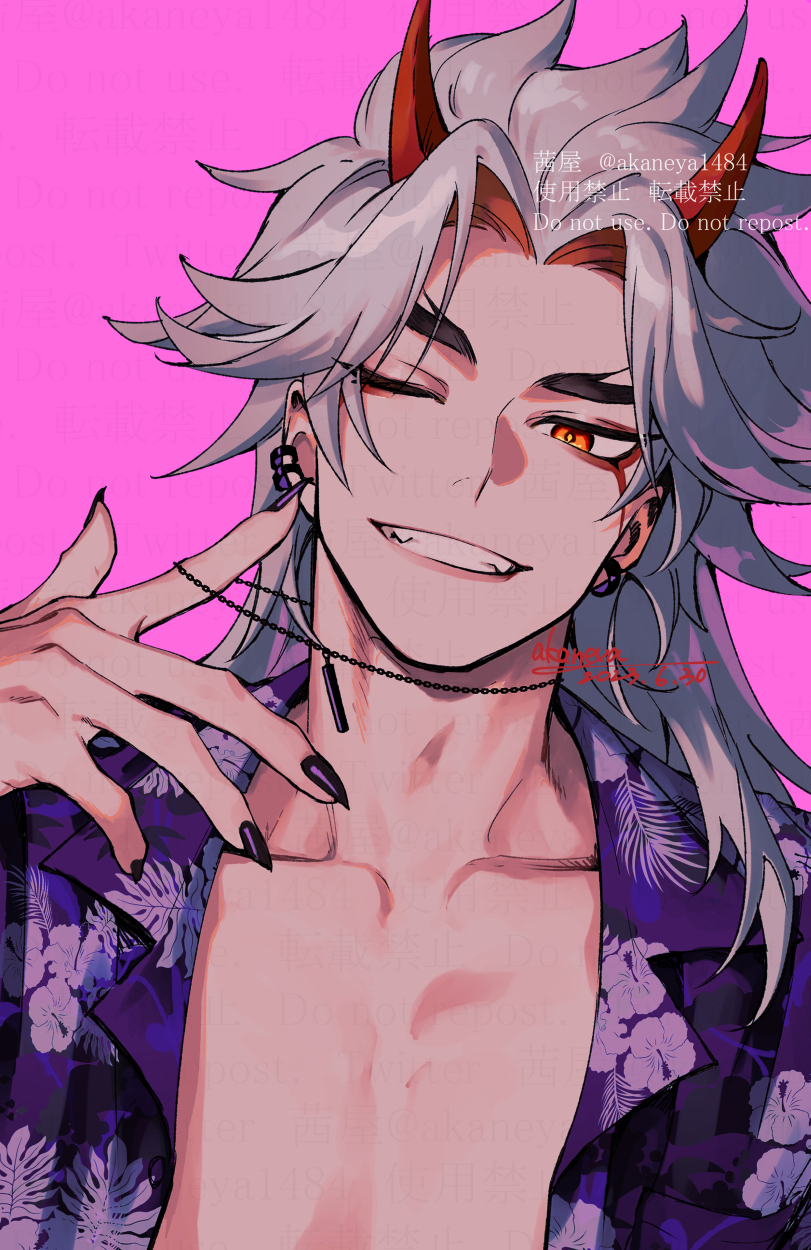 1boy, arataki_itto, artist_name, black_nails, chain, chain_necklace, collarbone, collared_shirt
