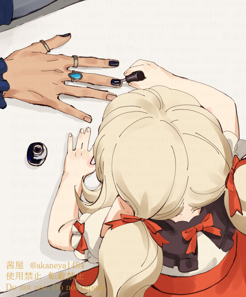 1boy, 1girl, applying_manicure, artist_name, black_nails, blonde_hair, bow, commentary_request