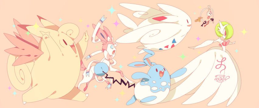 azumarill, blue_eyes, blue_skin, bob_cut, bow, bowtie, clefable, colored_skin, dress, elbow_gloves, from_side, gardevoir, gloves, green_hair, klefki, leavcafe, mega_gardevoir, mega_pokemon, multicolored_skin, open_mouth, pink_eyes, pink_fur, pink_skin, pokemon, pokemon_(creature), signature, simple_background, strapless, strapless_dress, sylveon, togekiss, two-tone_fur, two-tone_skin, white_dress, white_gloves, white_skin