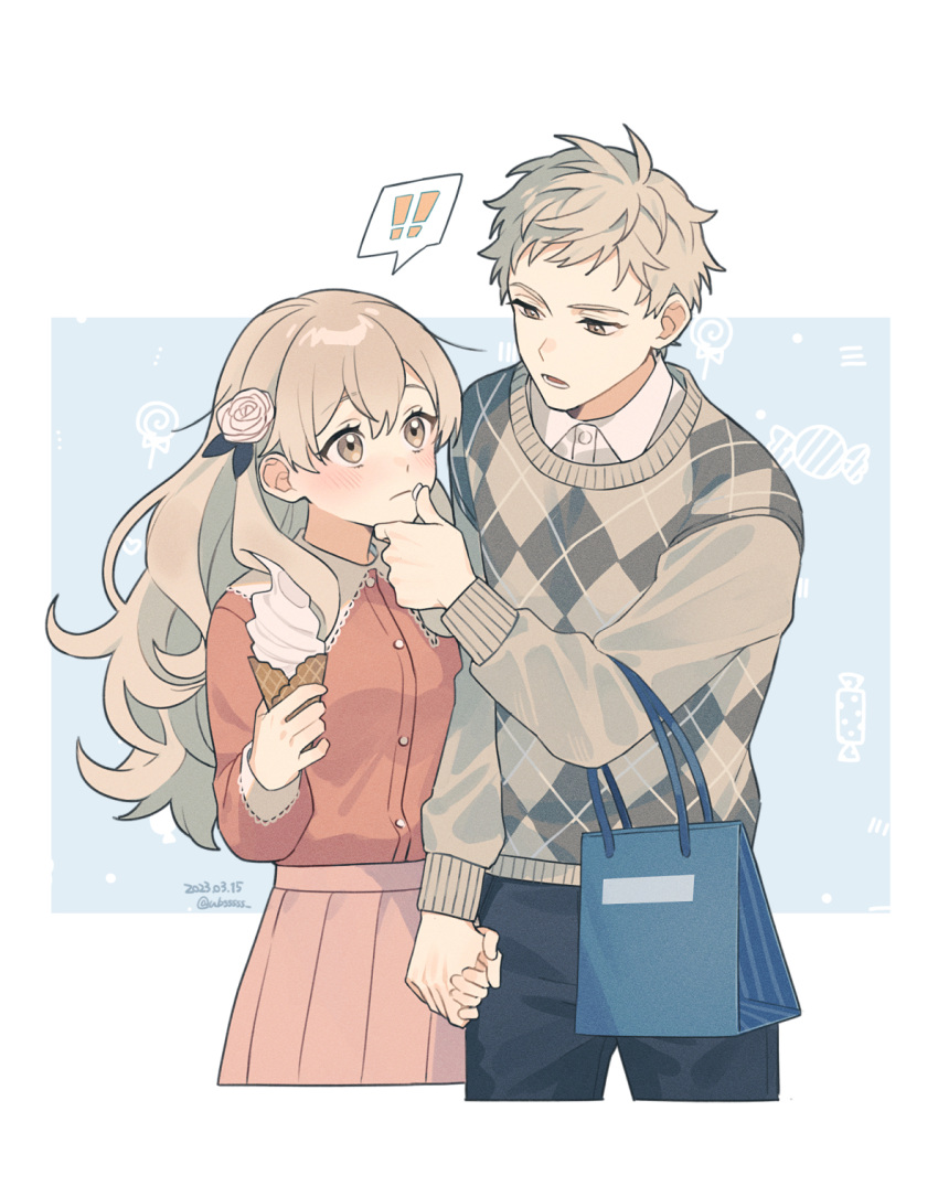 !, !!, 1boy, 1girl, bag, blush, collared_shirt, collared_sweater