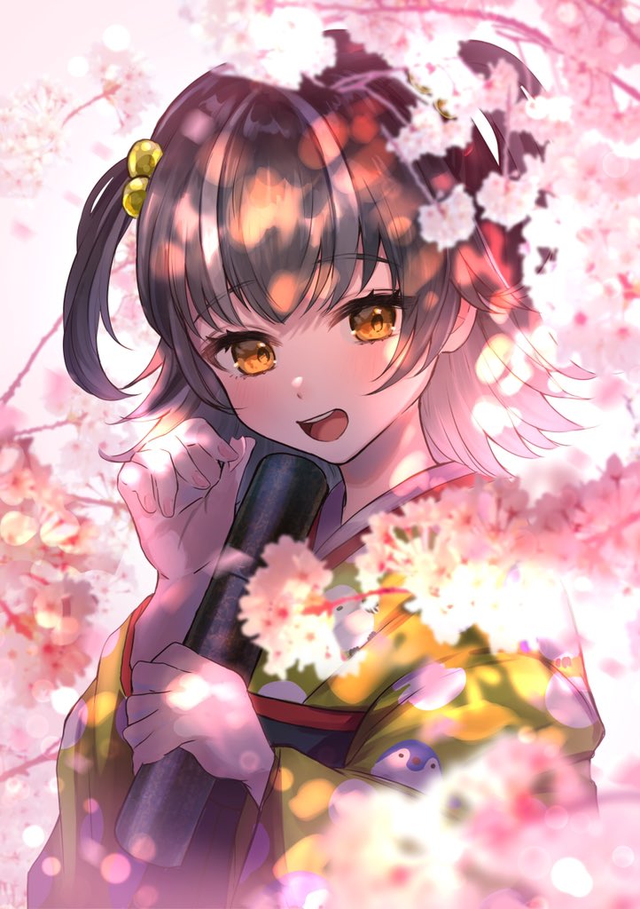 1girl, :d, alternate_costume, animal_print, asatsuyu, bird_print, black_hair, blurry