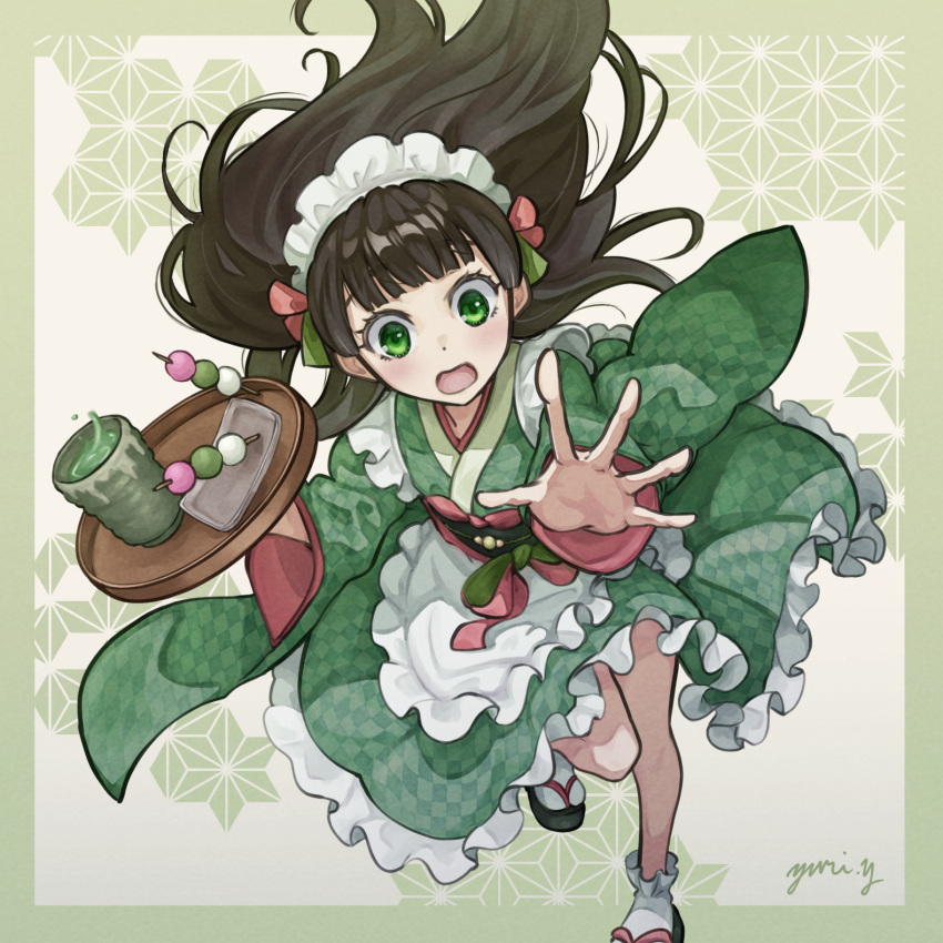 1girl, apron, black_hair, blunt_bangs, checkered_clothes, checkered_kimono, choppy_bangs, clumsy