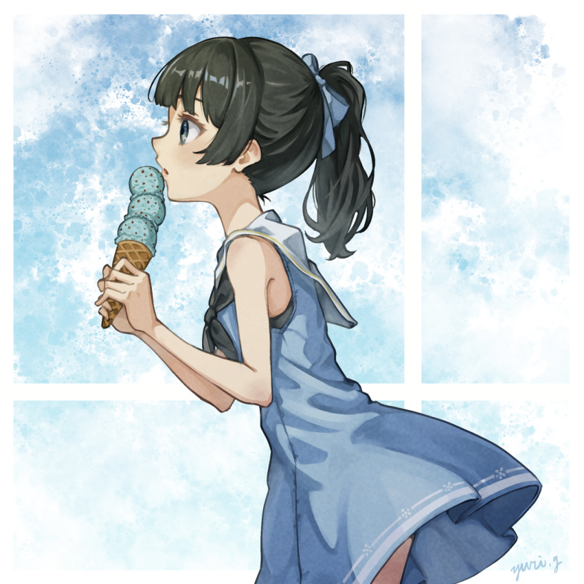 1girl, black_hair, black_neckerchief, blue_dress, blue_eyes, bow, commentary_request, dress, food, from_side, hair_bow, highres, holding, holding_food, holding_ice_cream, holding_ice_cream_cone, ice_cream, ice_cream_cone, looking_ahead, medium_hair, mint_chocolate, neckerchief, original, ponytail, profile, sailor_collar, sailor_dress, school_uniform, serafuku, short_dress, sidelocks, sleeveless, sleeveless_dress, solo, triple_scoop, twitter_username, white_sailor_collar, yuri_yone