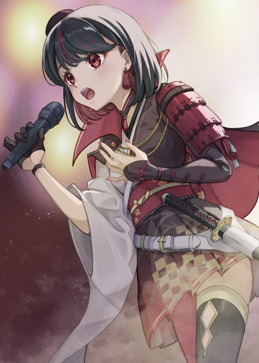 1girl, asymmetrical_legwear, asymmetrical_sleeves, black_gloves, black_hair, black_hat, black_thighhighs, bob_cut