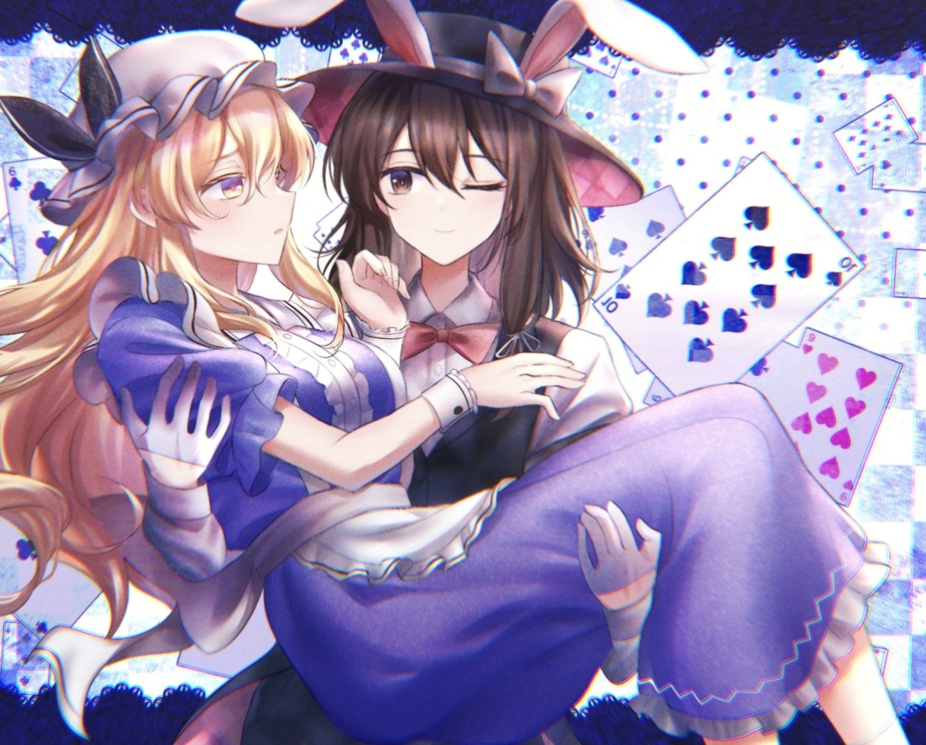 2girls, animal_ears, apron, back_bow, black_hat, black_pants, black_ribbon, black_vest
