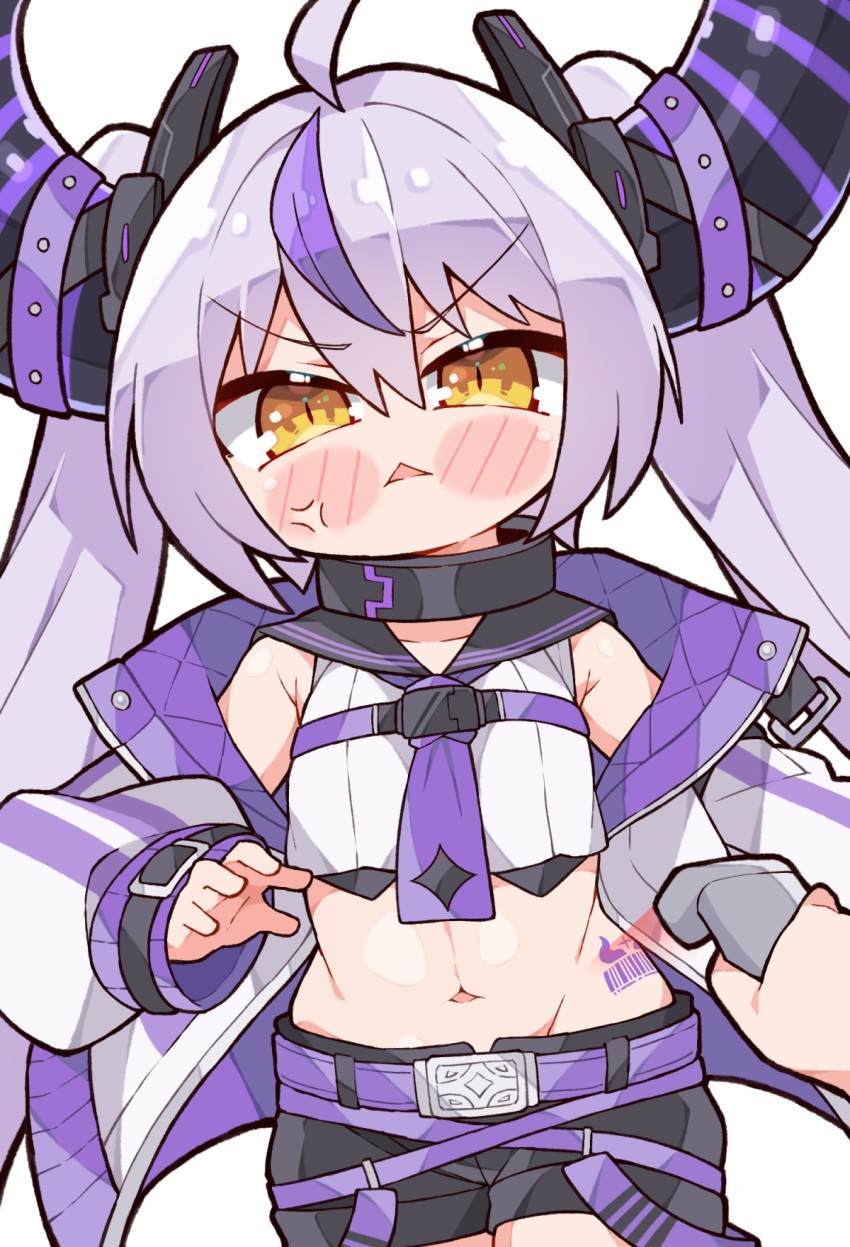 1girl, 1other, ahoge, anger_vein, barcode, barcode_scanner, barcode_tattoo, bare_shoulders, belt, black_horns, black_sailor_collar, black_shorts, blush_stickers, chibi, chibi_only, commentary, cowboy_shot, crop_top, demon_horns, double-parted_bangs, english_commentary, grey_hair, hair_between_eyes, highres, hololive, horns, jacket, kukie-nyan, la+_darknesss, la+_darknesss_(4th_costume), long_hair, loose_socks, midriff, navel, neckerchief, off_shoulder, official_alternate_costume, official_alternate_hairstyle, open_clothes, open_jacket, pink_neckerchief, pov, pov_hands, purple_belt, purple_hair, sailor_collar, sailor_shirt, scowl, shirt, shorts, slit_pupils, socks, solo_focus, striped_horns, tattoo, triangle_mouth, twintails, v-shaped_eyebrows, very_long_hair, virtual_youtuber, white_jacket, white_shirt, yellow_eyes