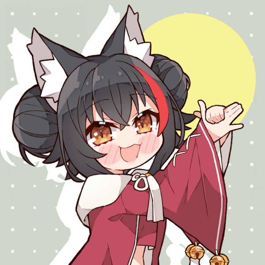 1girl, :d, animal_ear_fluff, animal_ears, bell, black_hair, blush_stickers, brown_eyes