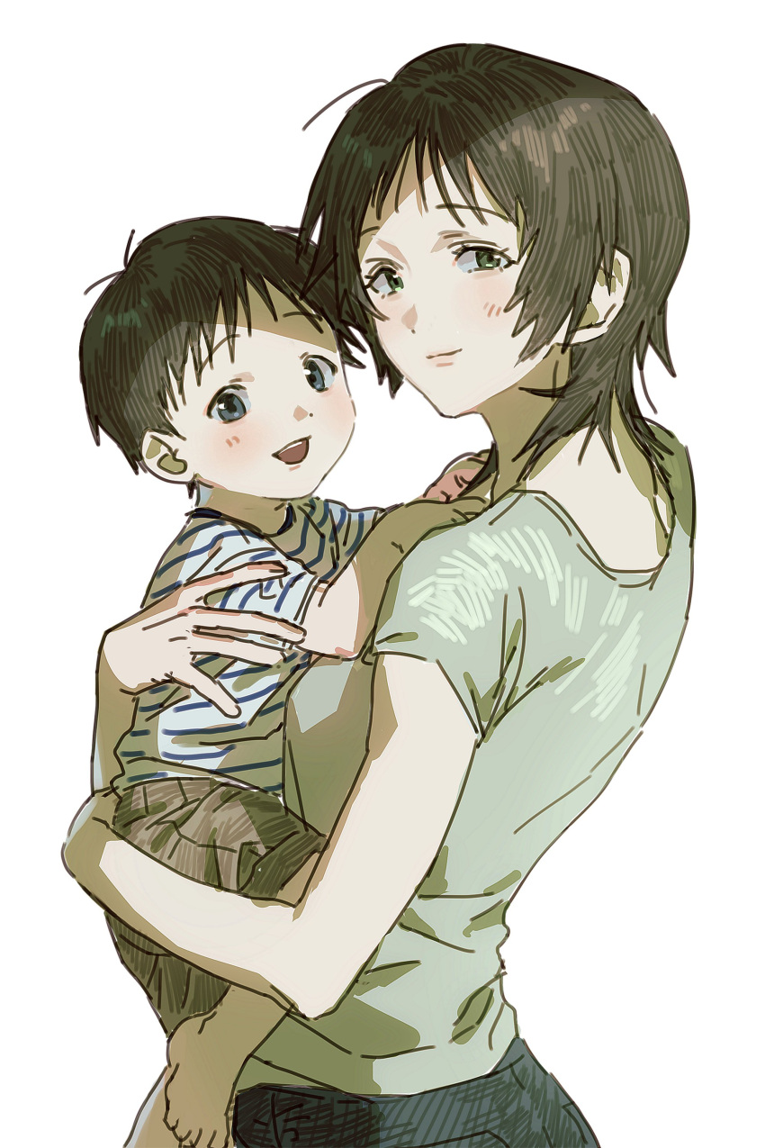 1boy, 1girl, absurdres, age_difference, barefoot, blue_eyes, blush, breasts