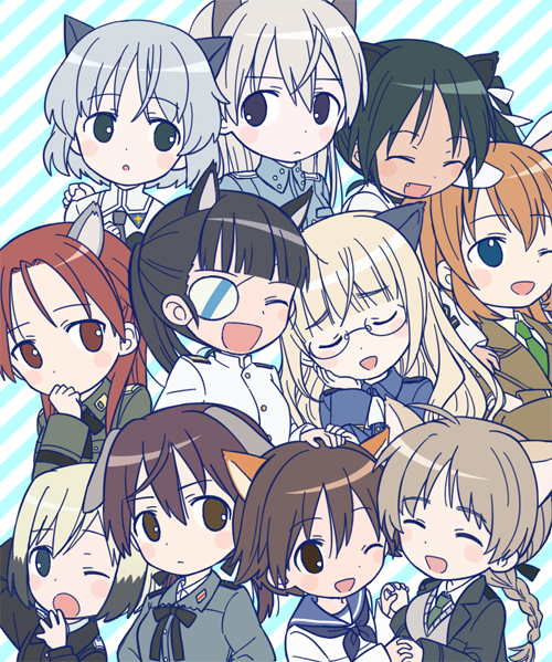 bunny_ears, cat_ears, charlotte_e_yeager, chibi, dog_ears, eila_ilmatar_juutilainen, erica_hartmann, eyepatch, francesca_lucchini, gertrud_barkhorn, lynette_bishop, military, military_uniform, minna-dietlinde_wilcke, miyafuji_yoshika, perrine_h_clostermann, rabbit_ears, sakamoto_mio, sanya_v_litvyak, strike_witches, tamaki_(209), tamaki_(artist), uniform, wink