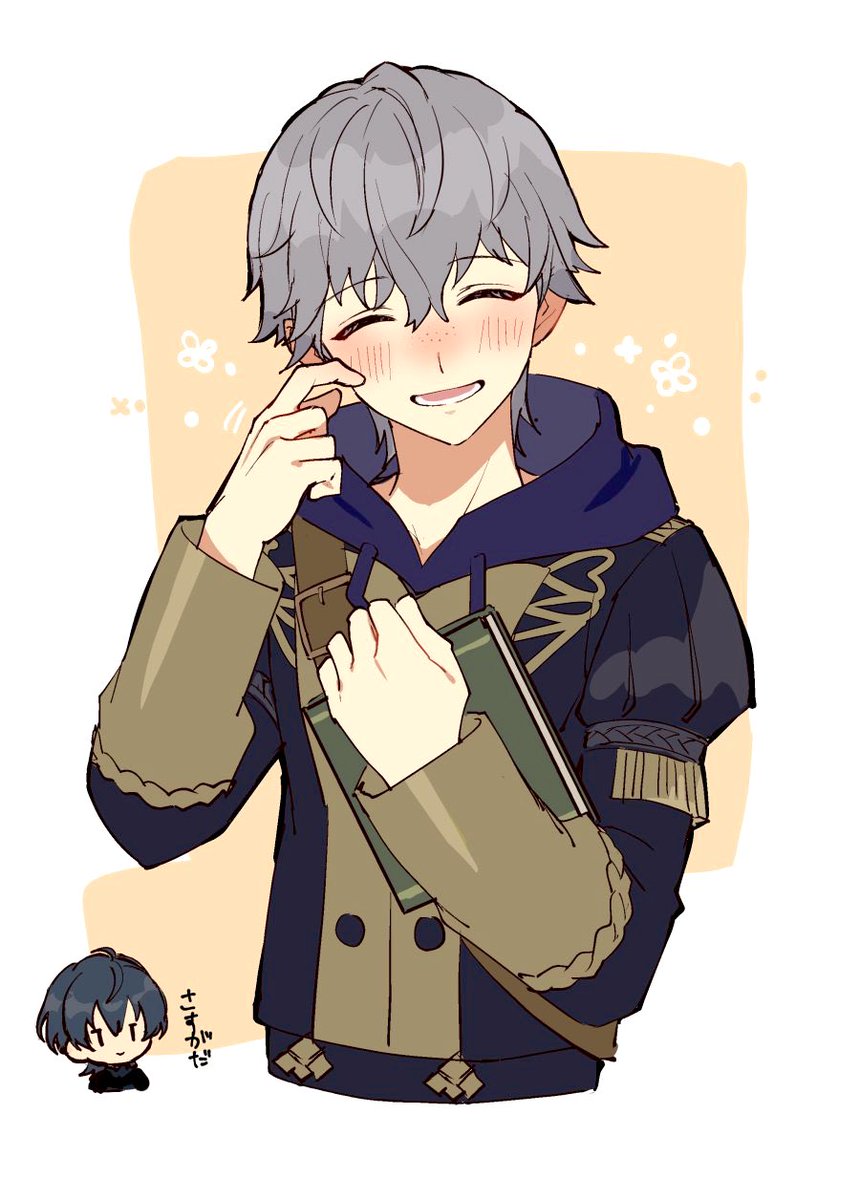 2boys, ^_^, armor, ashe_ubert, belt, black_armor, blue_hood, blush