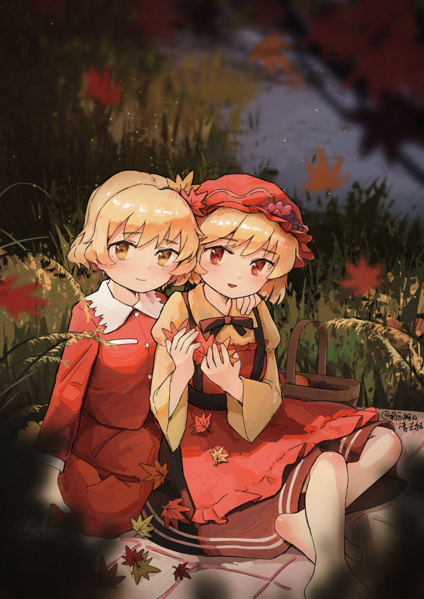 2girls, absurdres, aki_minoriko, aki_shizuha, apron, blonde_hair, hat, highres, leaf, looking_at_viewer, lyutikovski, maple_leaf, multiple_girls, red_apron, red_eyes, red_hat, red_shirt, shirt, smile, touhou, yellow_eyes, yellow_shirt
