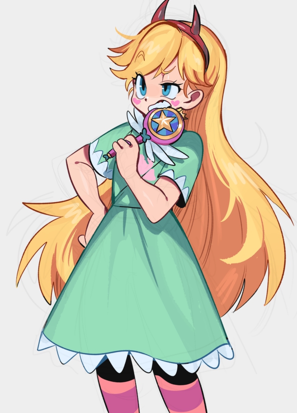 1girl, blonde_hair, blue_eyes, commentary, dress, facial_mark, fake_horns, hairband