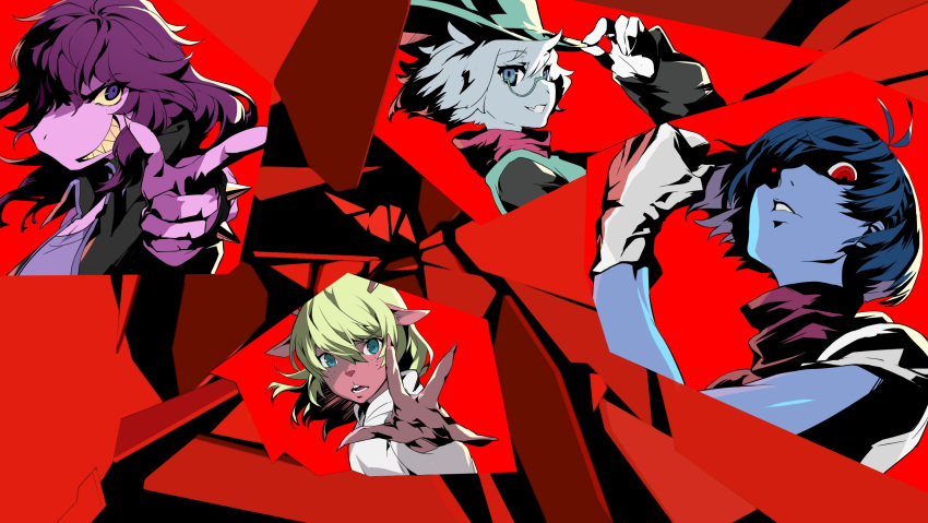 1boy, 1other, 2girls, adjusting_clothes, adjusting_headwear, all-out_attack, animal_ears, antenna_hair