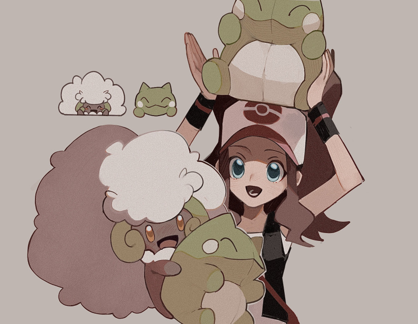 1girl, 950magi618, :d, arms_up, baseball_cap, black_vest, blue_eyes, brown_hair