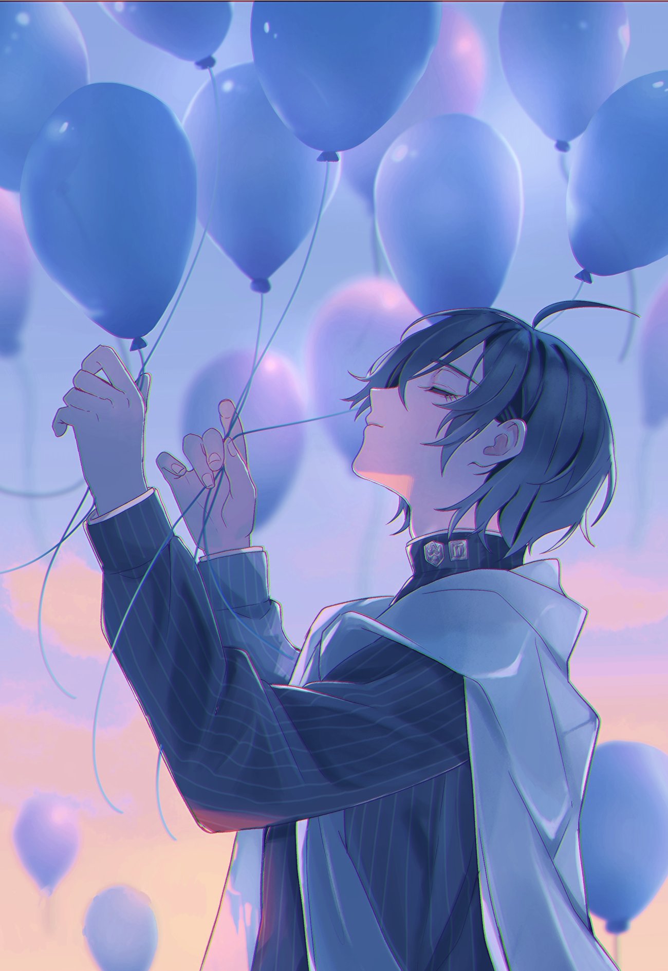 1boy, ahoge, backlighting, balloon, black_hair, black_jacket, blue_theme, buttons