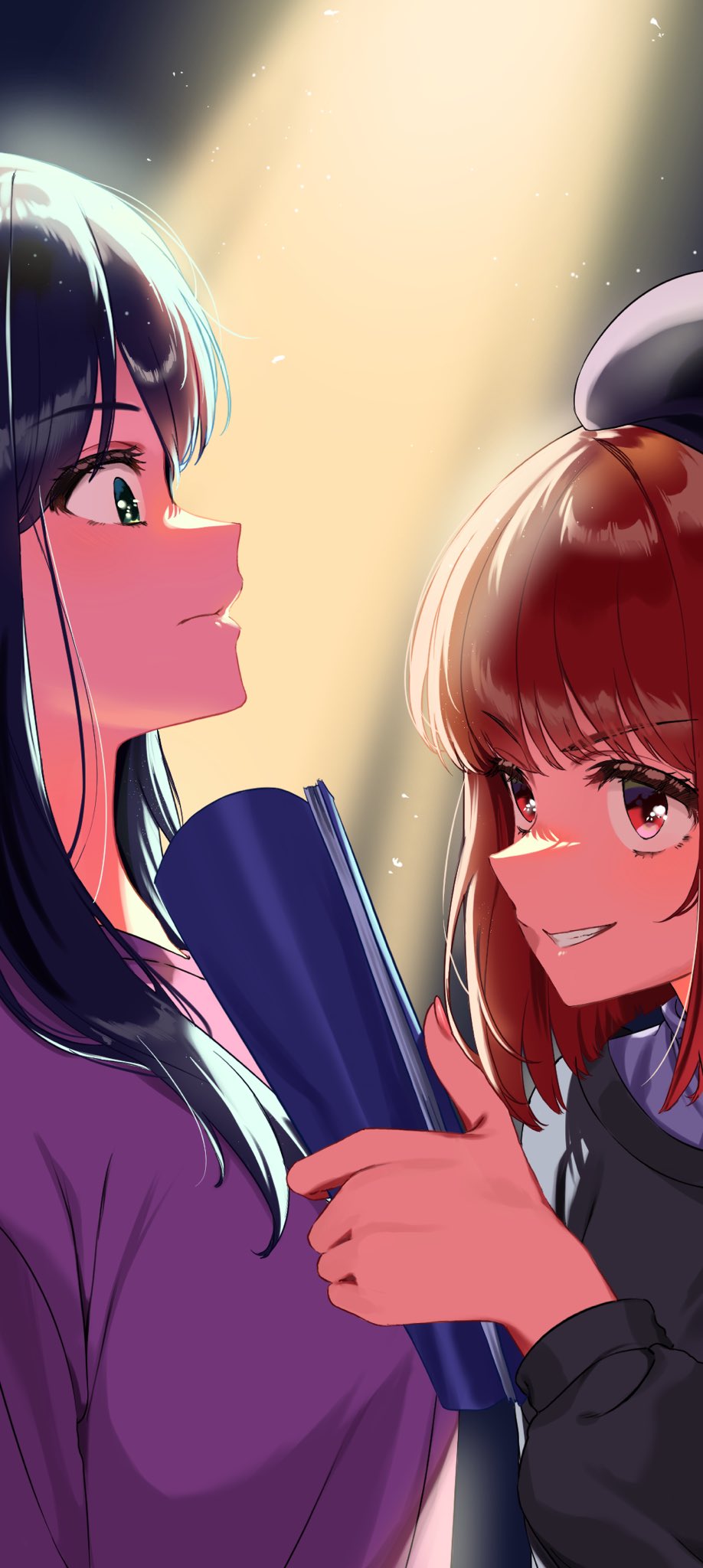 2girls, :d, agetapan_ll, arima_kana, beret, black_hat, black_sweater, blue_eyes