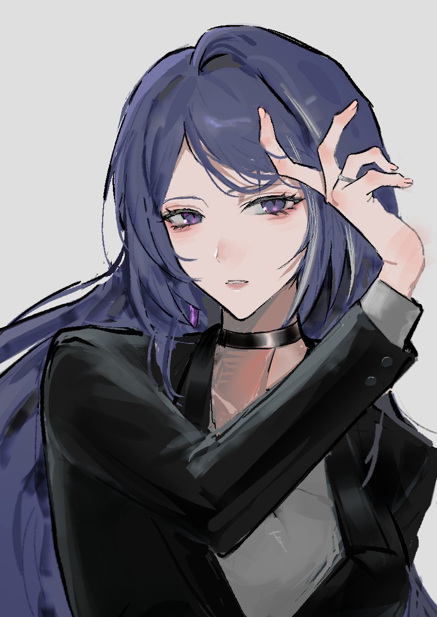 1girl, 9_(hcl9fg), acheron_(honkai:_star_rail), black_choker, black_jacket, choker, earrings, grey_background