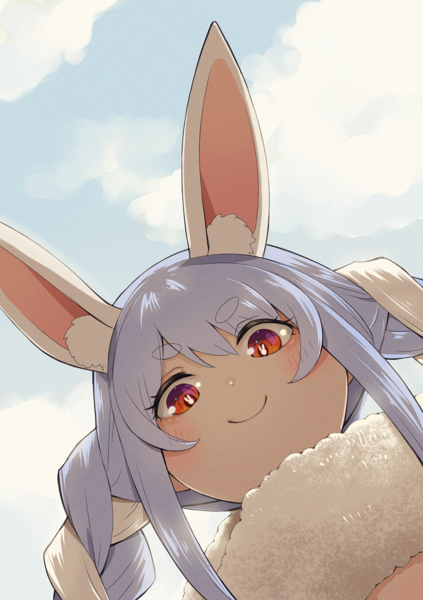 >:), animal_ears, blue_hair, blue_sky, blush, braid, commentary_request, extra_ears