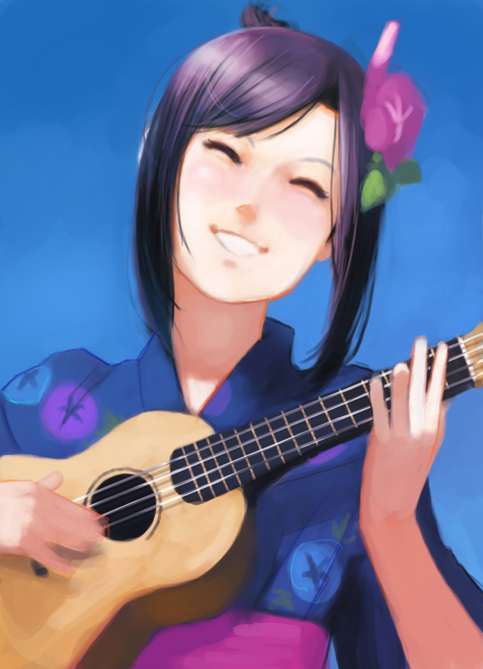 ataruman, blue_background, bust, closed_eyes, eyes_closed, eyes_clsoed, flower, grin, hair_flower, hair_ornament, head_tilt, instrument, japanese_clothes, kimono, obi, playing_instrument, purple_hair, shinohara_natsuki, smile, solo, summer_wars, ukelele, ukulele