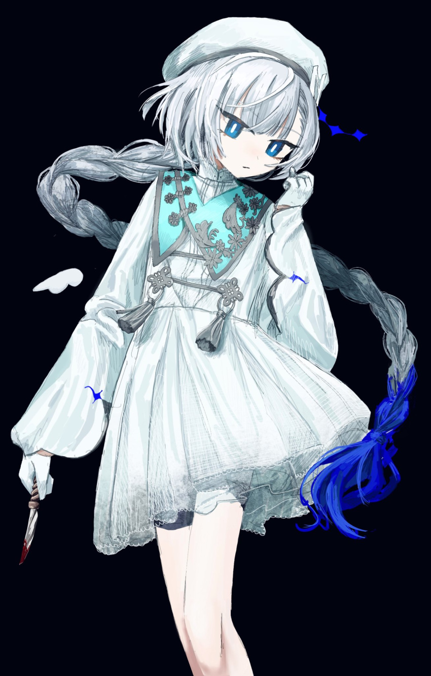 1girl, beret, bike_shorts, blood, blood_on_knife, blue_eyes, blue_hair, braid, braided_ponytail, bright_pupils, closed_mouth, colored_tips, detached_wings, dress, expressionless, feet_out_of_frame, floating_hair, gloves, grey_hair, hand_up, hat, highres, holding, holding_knife, indie_utaite, knife, long_hair, long_sleeves, looking_at_viewer, mini_wings, multicolored_hair, n_(utaite), numune, short_dress, simple_background, solo, standing, tassel, utaite, very_long_hair, white_dress, white_gloves, white_hat, white_pupils, wings