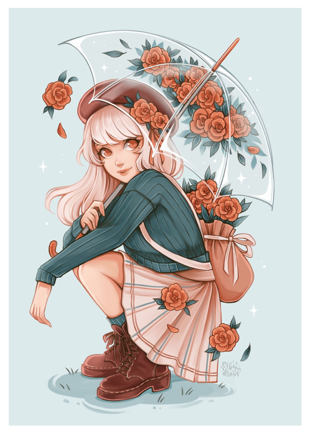 1girl, arm_on_knee, artist_logo, backpack, bag, beret, blonde_hair, border