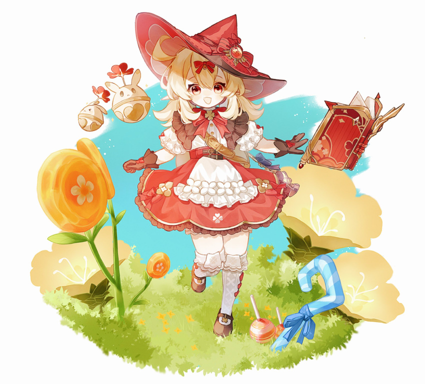 1girl, :d, ahoge, apron, black_footwear, black_gloves, blonde_hair, bow, bowtie, commentary, dodoco_tales_(genshin_impact), flower, frilled_apron, frilled_skirt, frills, genshin_impact, gloves, hair_between_eyes, hair_bow, hat, hat_bow, high-waist_skirt, highres, jumpy_dumpty, klee_(blossoming_starlight)_(genshin_impact), klee_(genshin_impact), kun_(user_ahgn2825), looking_at_viewer, official_alternate_costume, red_bow, red_bowtie, red_eyes, red_hat, red_skirt, shirt, short_hair_with_long_locks, skirt, smile, solo, symbol-only_commentary, thigh-highs, vision_(genshin_impact), waist_apron, white_apron, white_shirt, white_thighhighs, witch, yellow_flower