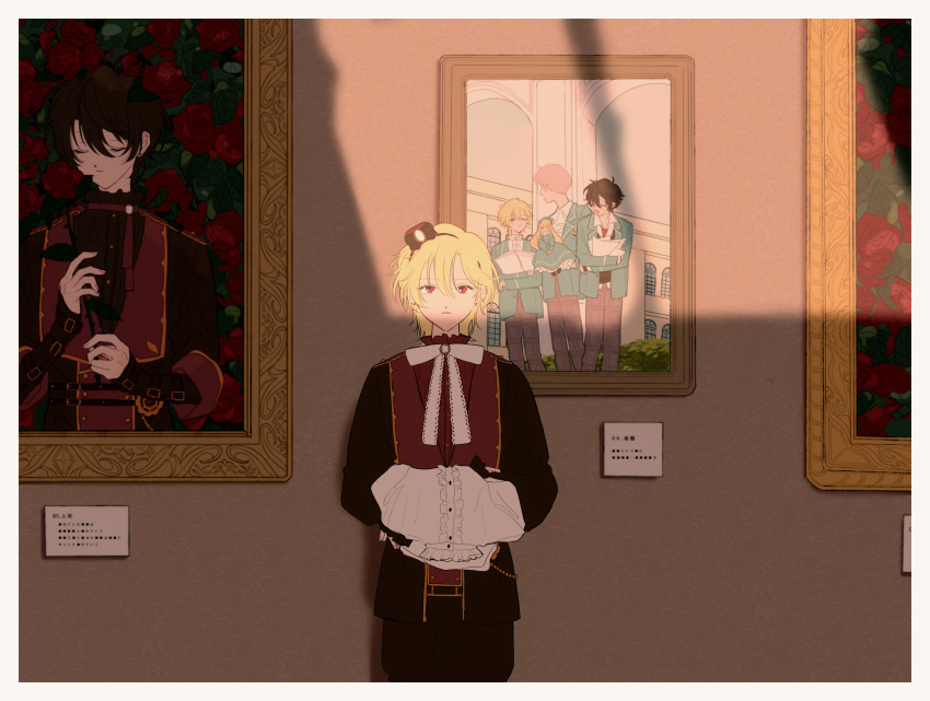 1boy, :|, age_comparison, blonde_hair, border, closed_mouth, cowboy_shot, ensemble_stars!