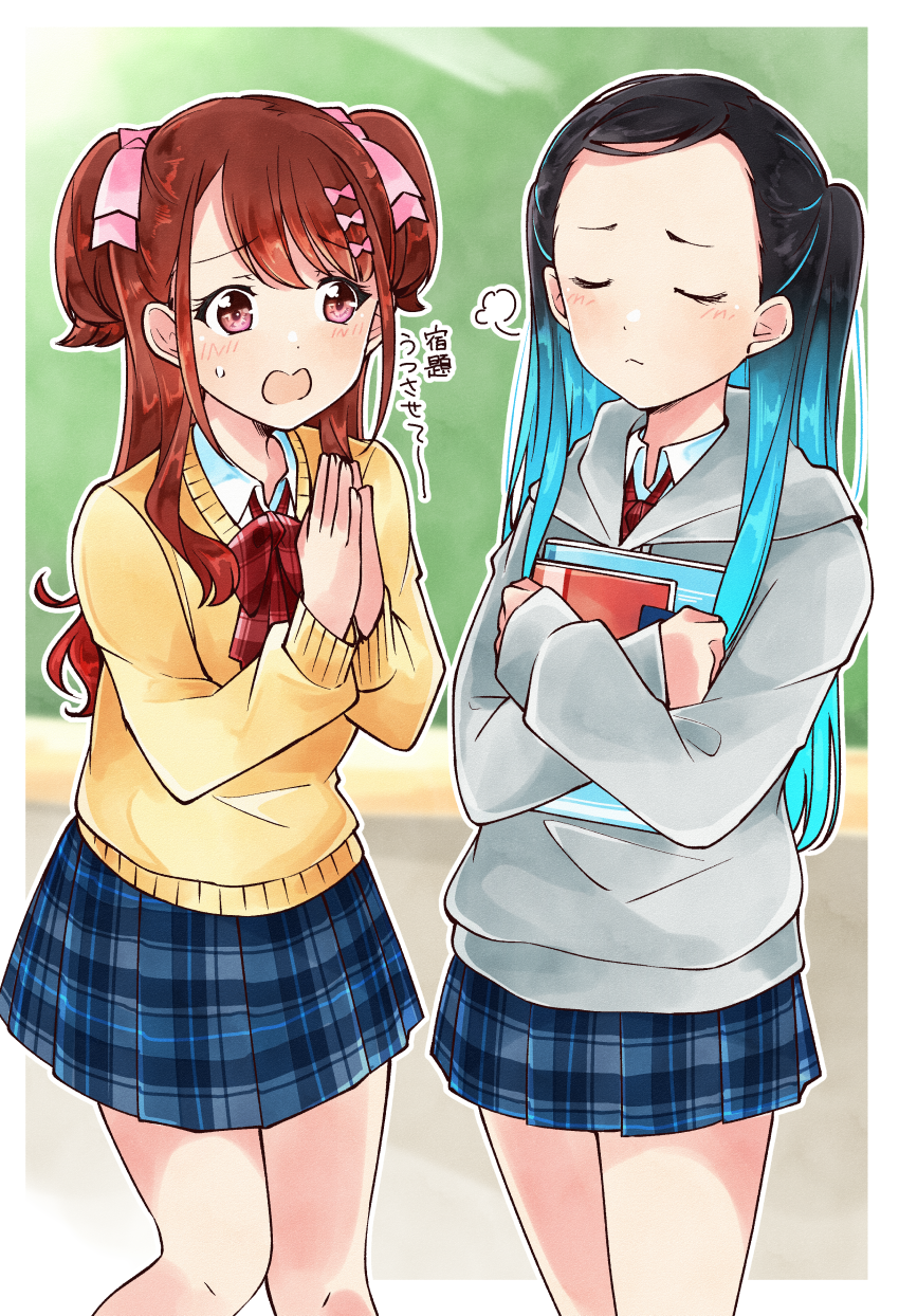 22/7, 2girls, aqua_hair, begging, black_hair, blue_skirt, border, bow