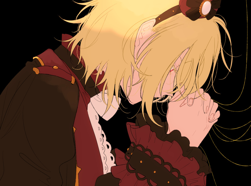 1boy, black_background, blonde_hair, close-up, colored_eyelashes, covered_mouth, ensemble_stars!, flat_color, hair_over_mouth, hairband, head_down, kyo_sla_1415, long_sleeves, looking_ahead, male_focus, nito_nazuna, nito_nazuna_(valkyrie), own_hands_together, portrait, praying, red_eyes, simple_background, solo, string