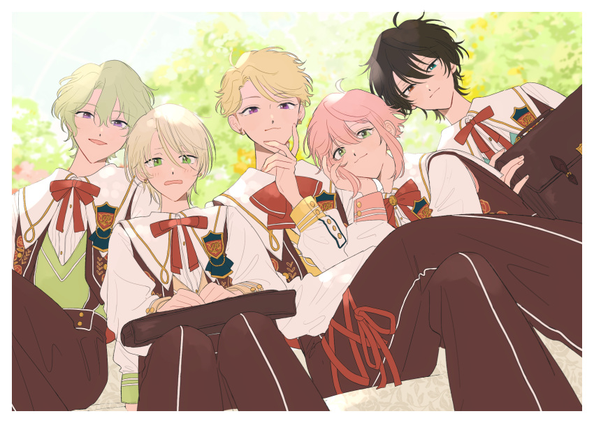 5boys, :3, bag_on_lap, bishounen, border, bow, bowtie, briefcase
