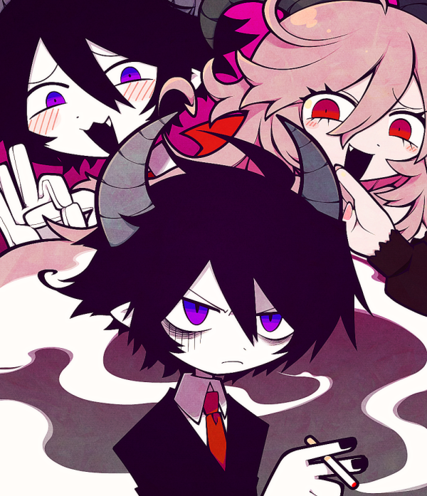 1girl, 2boys, black_dress, black_hair, blush, demon_boy, demon_girl, demon_horns